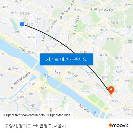 고양시, 경기도 to 은평구, 서울시 map