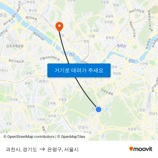 과천시, 경기도 to 은평구, 서울시 map