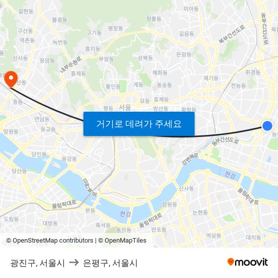 광진구, 서울시 to 은평구, 서울시 map