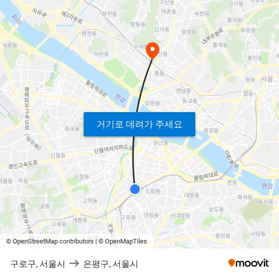 구로구, 서울시 to 은평구, 서울시 map