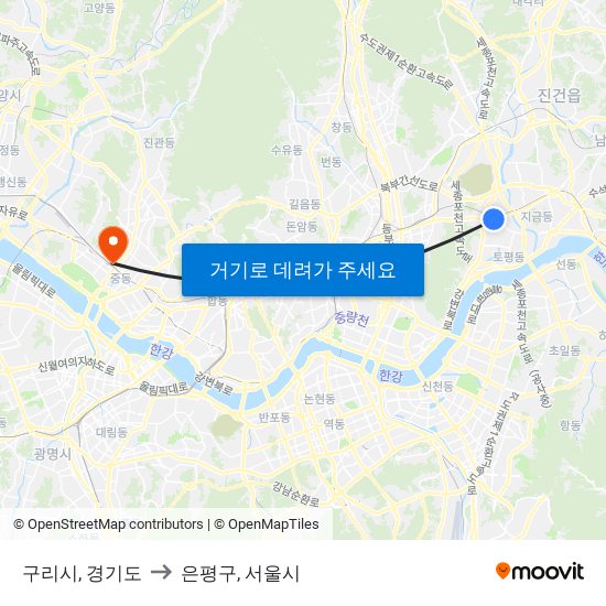 구리시, 경기도 to 은평구, 서울시 map