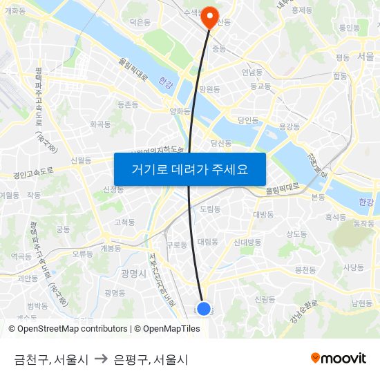 금천구, 서울시 to 은평구, 서울시 map