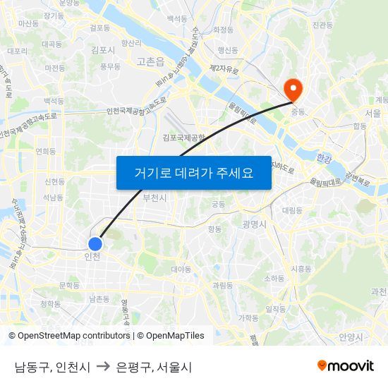 남동구, 인천시 to 은평구, 서울시 map