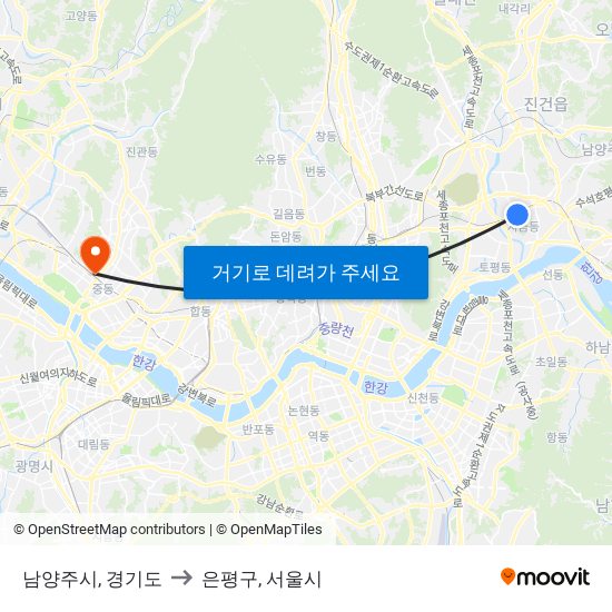 남양주시, 경기도 to 은평구, 서울시 map