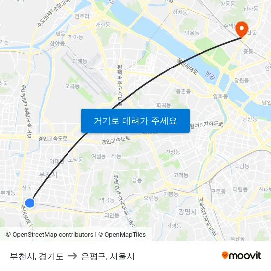 부천시, 경기도 to 은평구, 서울시 map