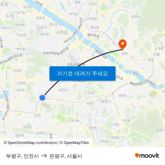 부평구, 인천시 to 은평구, 서울시 map