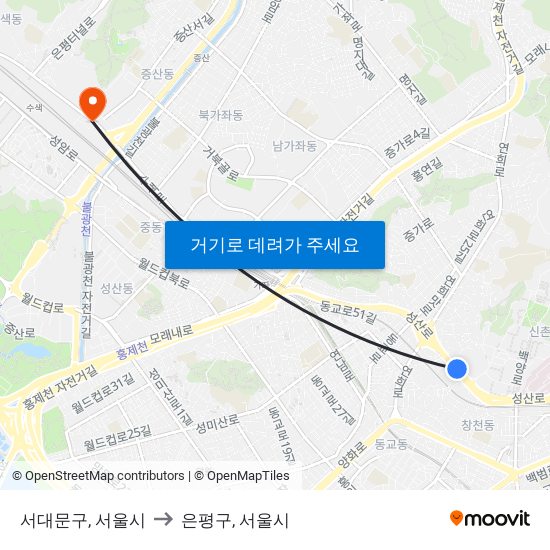 서대문구, 서울시 to 은평구, 서울시 map