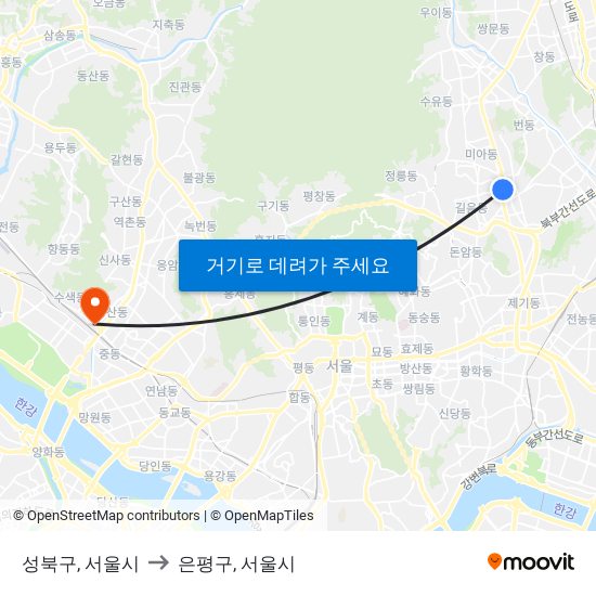 성북구, 서울시 to 은평구, 서울시 map