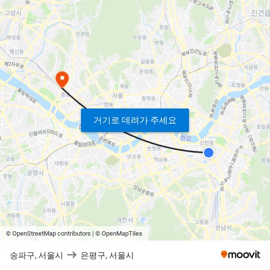 송파구, 서울시 to 은평구, 서울시 map