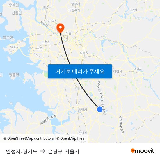 안성시, 경기도 to 은평구, 서울시 map