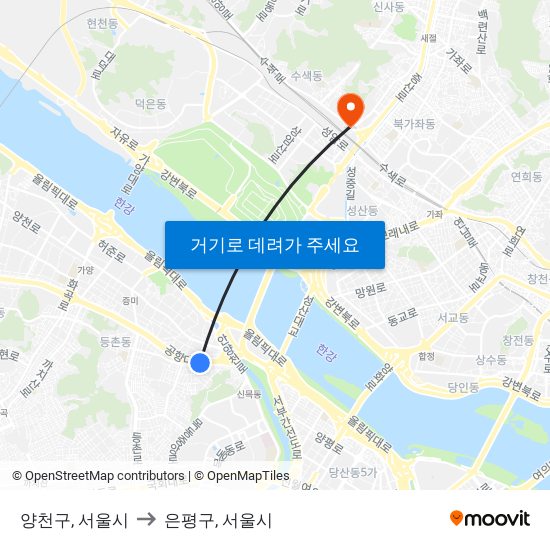 양천구, 서울시 to 은평구, 서울시 map