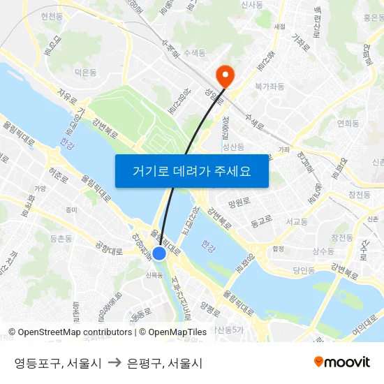 영등포구, 서울시 to 은평구, 서울시 map