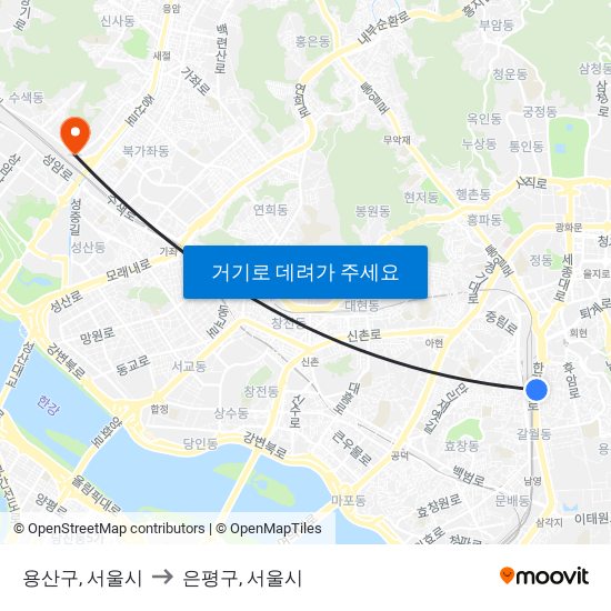 용산구, 서울시 to 은평구, 서울시 map
