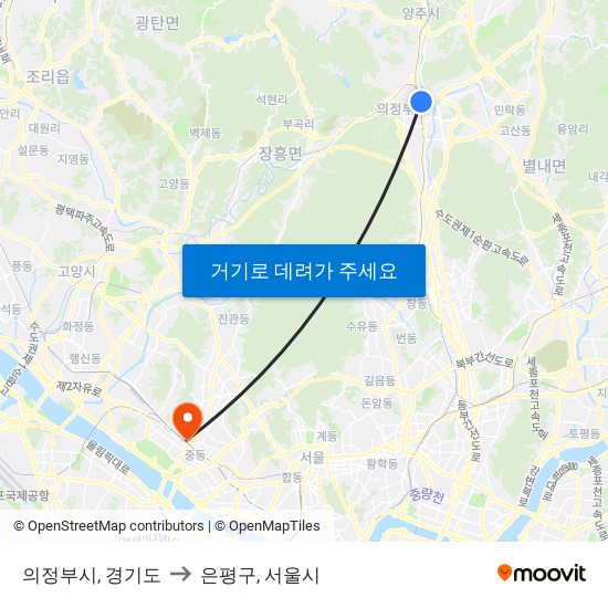의정부시, 경기도 to 은평구, 서울시 map