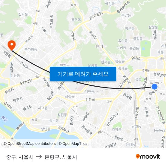 중구, 서울시 to 은평구, 서울시 map