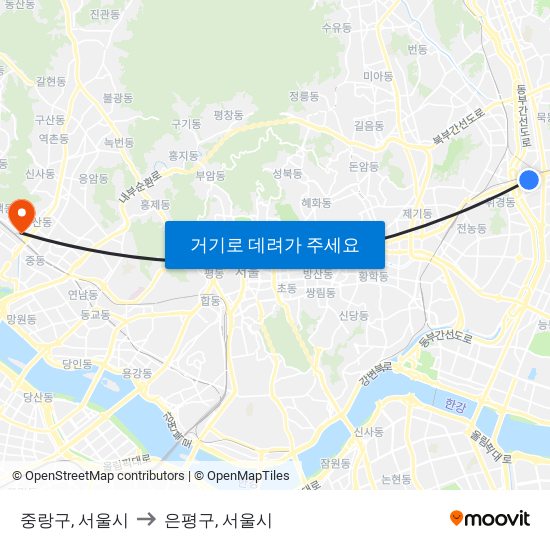 중랑구, 서울시 to 은평구, 서울시 map