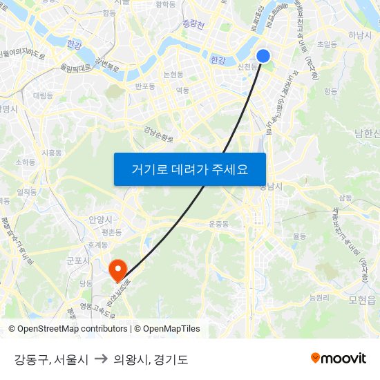 강동구, 서울시 to 의왕시, 경기도 map