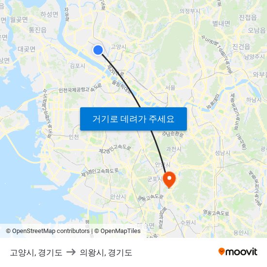 고양시, 경기도 to 의왕시, 경기도 map