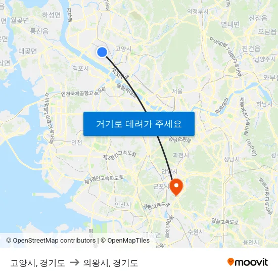 고양시, 경기도 to 의왕시, 경기도 map
