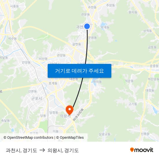 과천시, 경기도 to 의왕시, 경기도 map