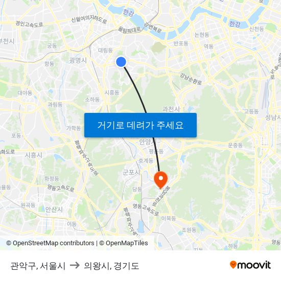 관악구, 서울시 to 의왕시, 경기도 map