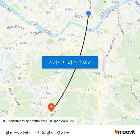 광진구, 서울시 to 의왕시, 경기도 map