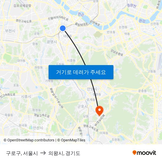 구로구, 서울시 to 의왕시, 경기도 map