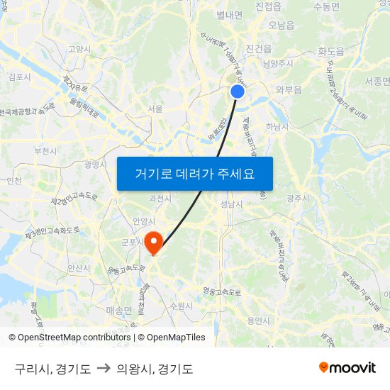 구리시, 경기도 to 의왕시, 경기도 map