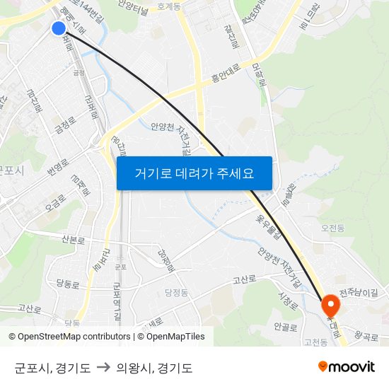 군포시, 경기도 to 의왕시, 경기도 map