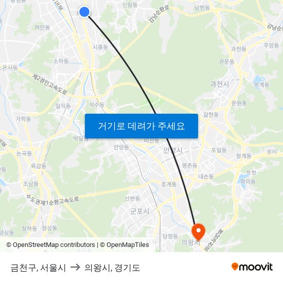 금천구, 서울시 to 의왕시, 경기도 map