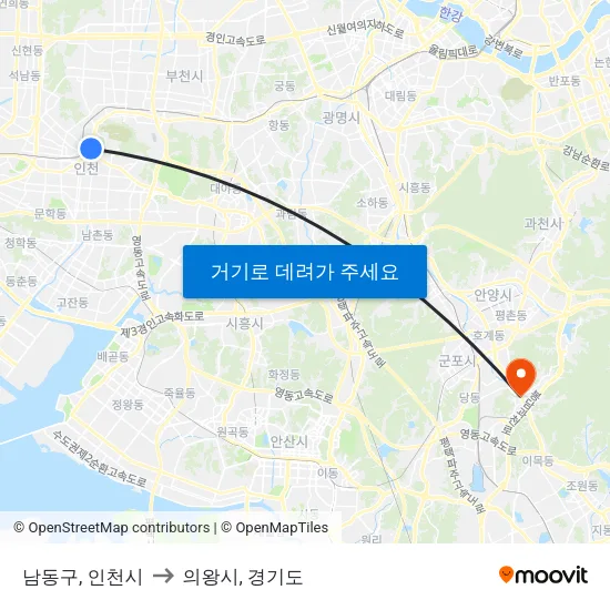 남동구, 인천시 to 의왕시, 경기도 map