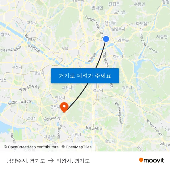 남양주시, 경기도 to 의왕시, 경기도 map
