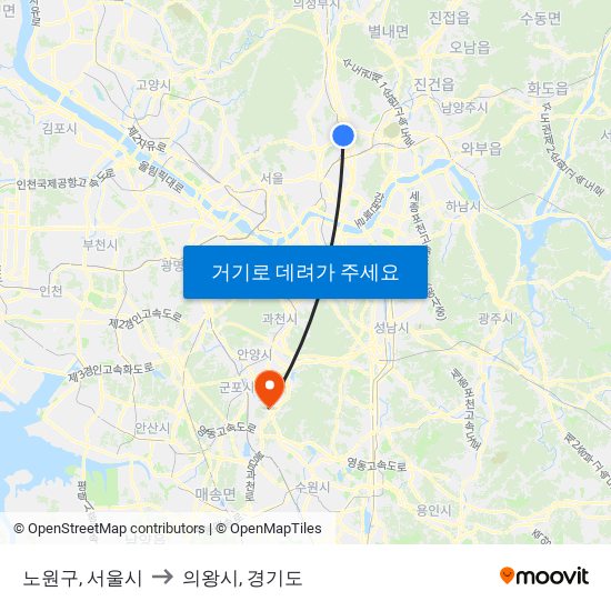 노원구, 서울시 to 의왕시, 경기도 map