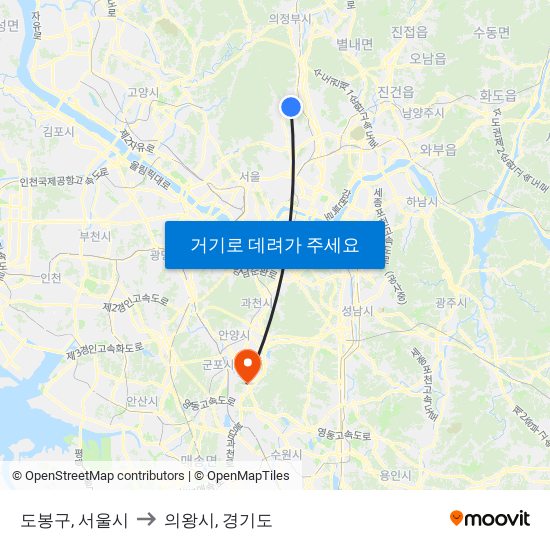 도봉구, 서울시 to 의왕시, 경기도 map