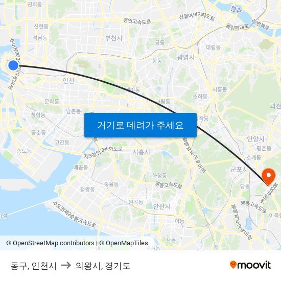 동구, 인천시 to 의왕시, 경기도 map