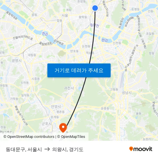동대문구, 서울시 to 의왕시, 경기도 map