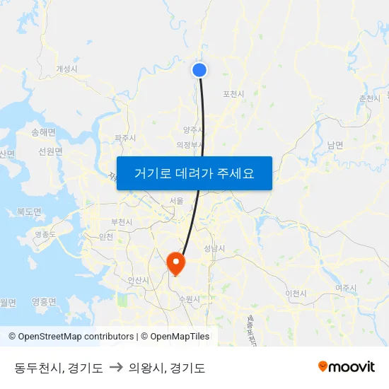동두천시, 경기도 to 의왕시, 경기도 map