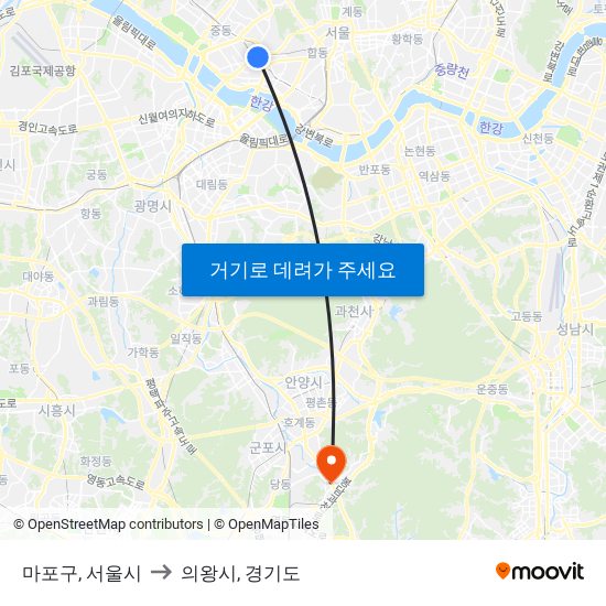 마포구, 서울시 to 의왕시, 경기도 map