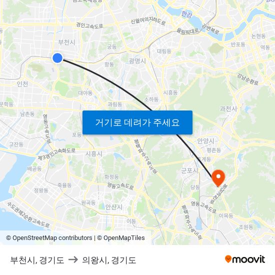 부천시, 경기도 to 의왕시, 경기도 map