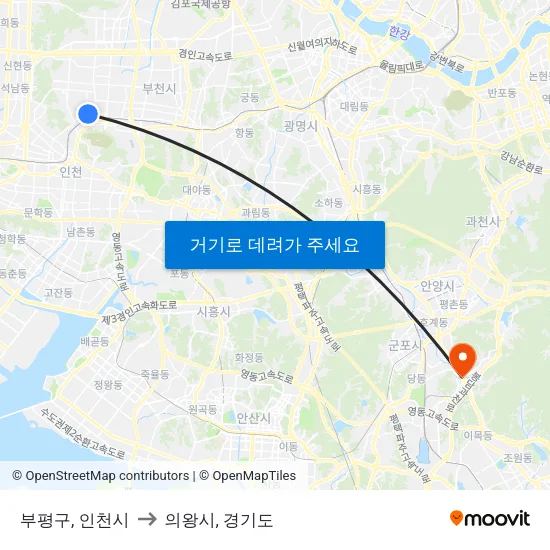 부평구, 인천시 to 의왕시, 경기도 map