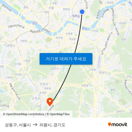 성동구, 서울시 to 의왕시, 경기도 map
