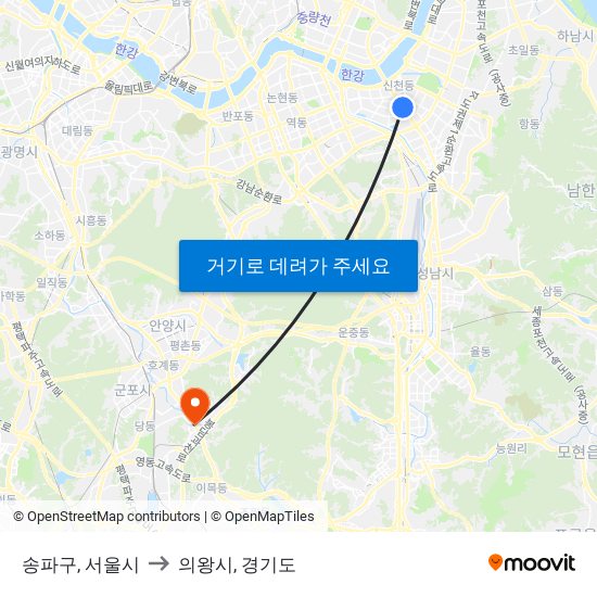 송파구, 서울시 to 의왕시, 경기도 map