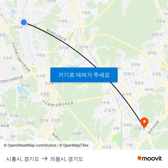 시흥시, 경기도 to 의왕시, 경기도 map