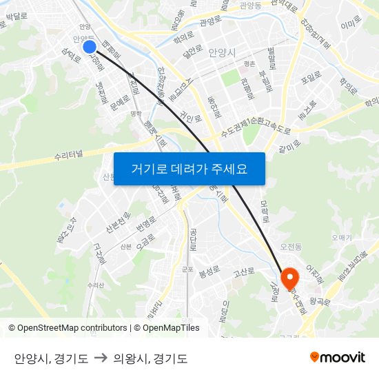 안양시, 경기도 to 의왕시, 경기도 map