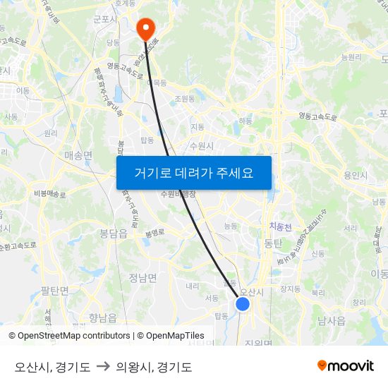 오산시, 경기도 to 의왕시, 경기도 map