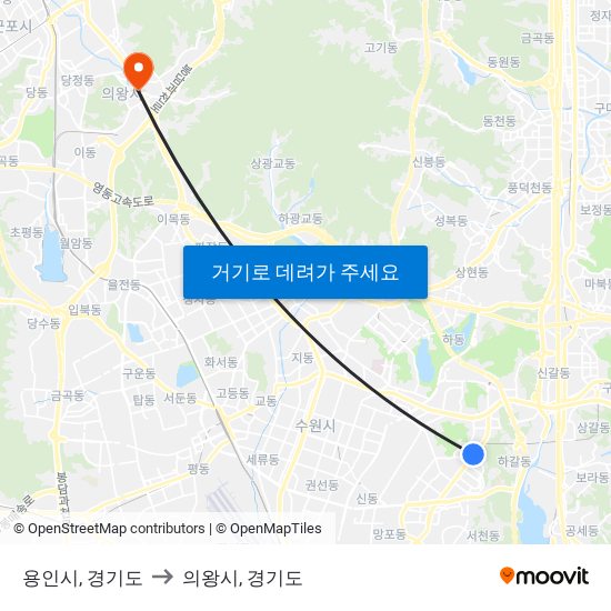 용인시, 경기도 to 의왕시, 경기도 map