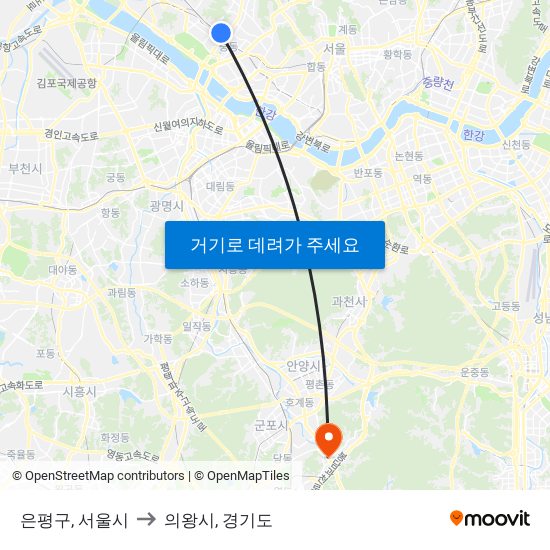 은평구, 서울시 to 의왕시, 경기도 map