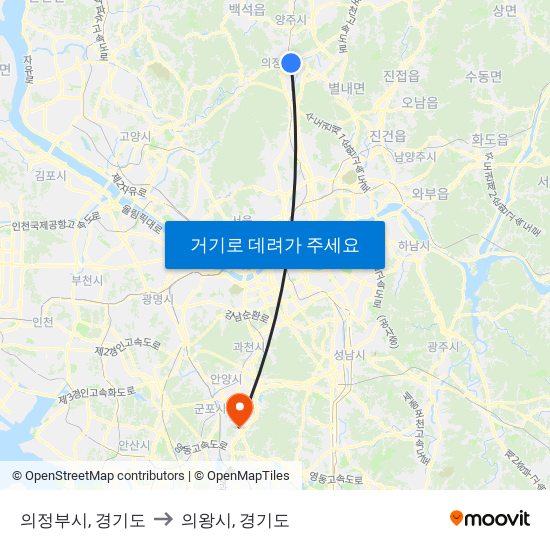 의정부시, 경기도 to 의왕시, 경기도 map