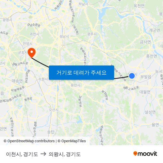 이천시, 경기도 to 의왕시, 경기도 map