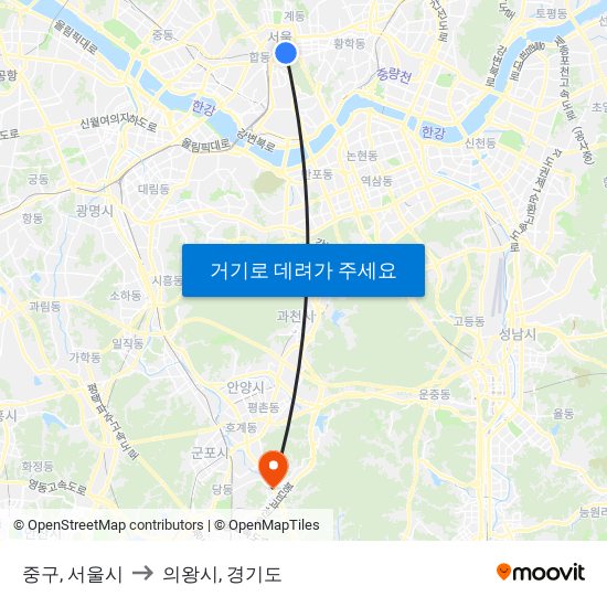 중구, 서울시 to 의왕시, 경기도 map